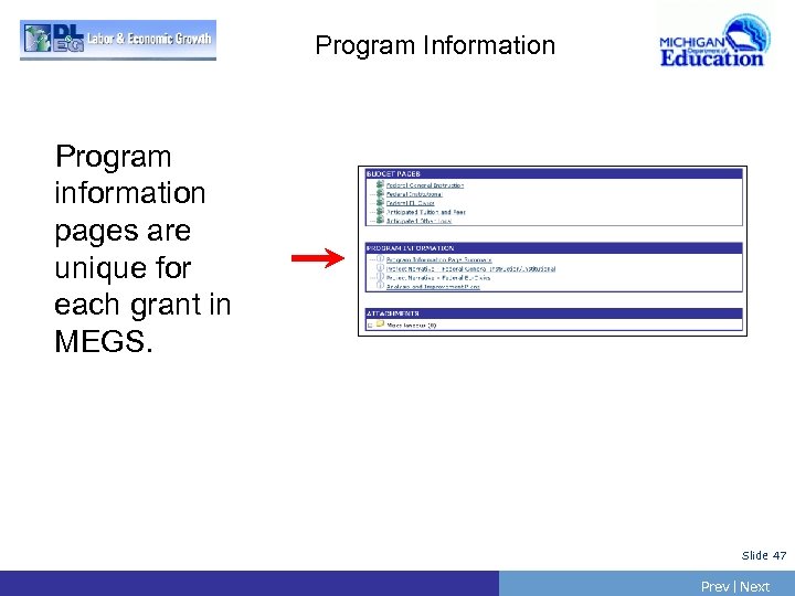 Program Information Program information pages are unique for each grant in MEGS. Slide 47