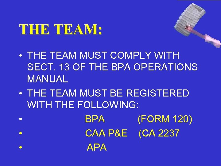 THE TEAM: • THE TEAM MUST COMPLY WITH SECT. 13 OF THE BPA OPERATIONS