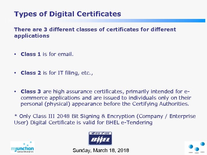 Types of Digital Certificates There are 3 different classes of certificates for different applications