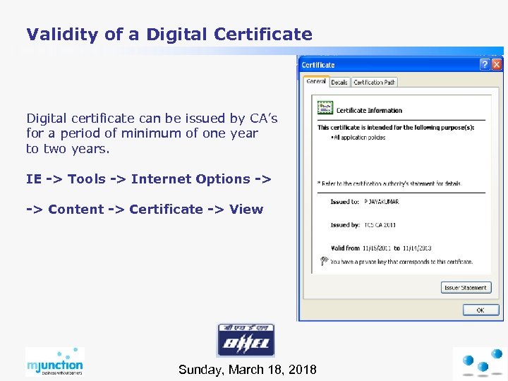 Validity of a Digital Certificate Digital certificate can be issued by CA’s for a