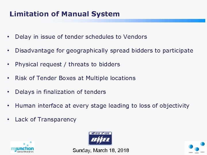 Limitation of Manual System • Delay in issue of tender schedules to Vendors •