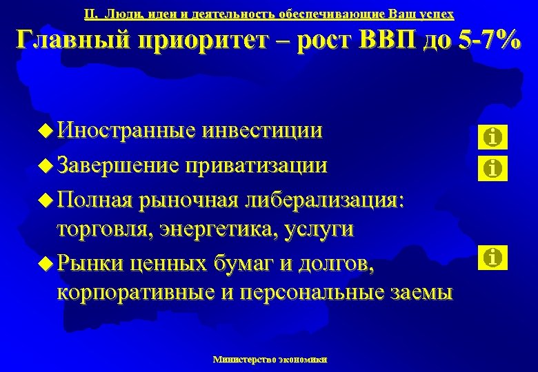 II. Люди, идеи и деятельность обеспечивающие Ваш успех Главный приоритет – рост ВВП до