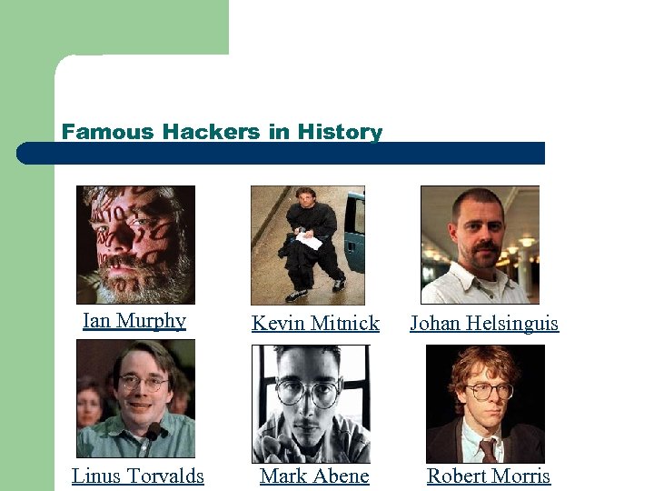 Famous Hackers in History Ian Murphy Kevin Mitnick Johan Helsinguis Linus Torvalds Mark Abene