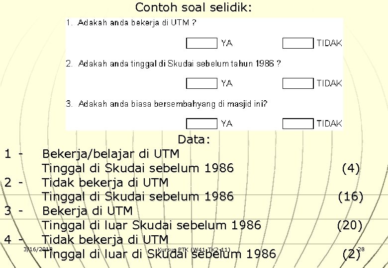Contoh soal selidik: 1 2 3 4 Data: Bekerja/belajar di UTM Tinggal di Skudai