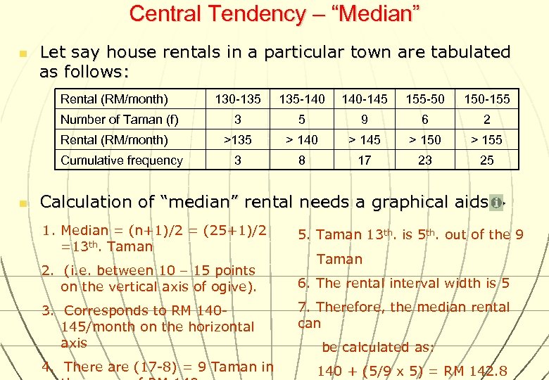 Central Tendency – “Median” n Let say house rentals in a particular town are