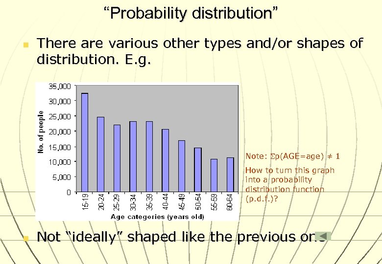 “Probability distribution” n There are various other types and/or shapes of distribution. E. g.