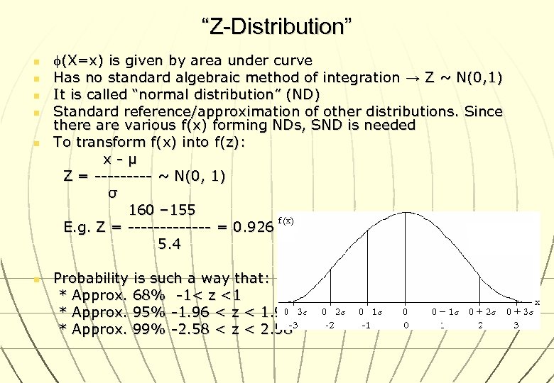 “Z-Distribution” n n n (X=x) is given by area under curve Has no standard