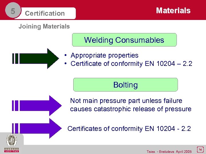 5 Materials Certification Joining Materials Welding Consumables • Appropriate properties • Certificate of conformity