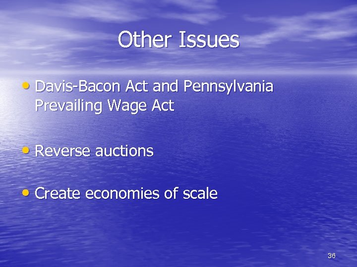 Other Issues • Davis-Bacon Act and Pennsylvania Prevailing Wage Act • Reverse auctions •