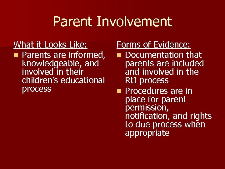Parent Involvement What it Looks Like: n Parents are informed, knowledgeable, and involved in
