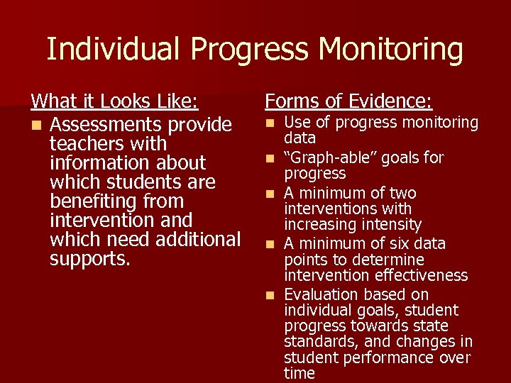 Individual Progress Monitoring What it Looks Like: n Assessments provide teachers with information about