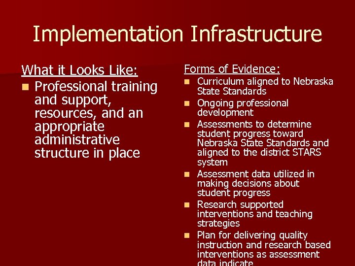 Implementation Infrastructure What it Looks Like: n Professional training and support, resources, and an