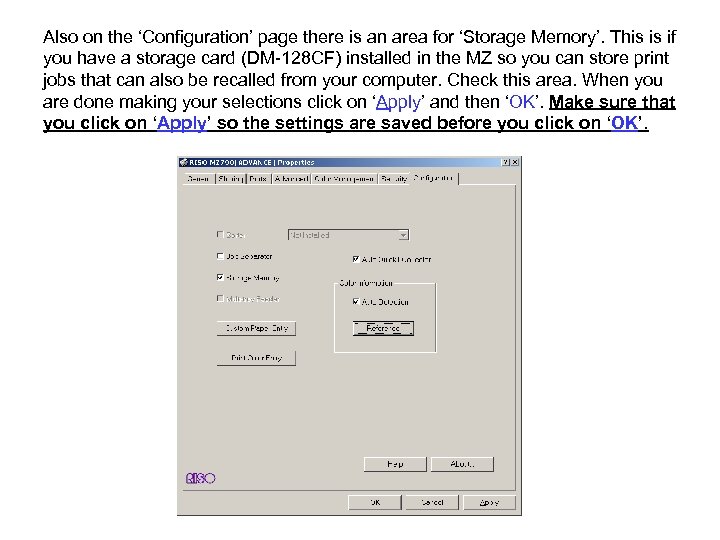 Also on the ‘Configuration’ page there is an area for ‘Storage Memory’. This is