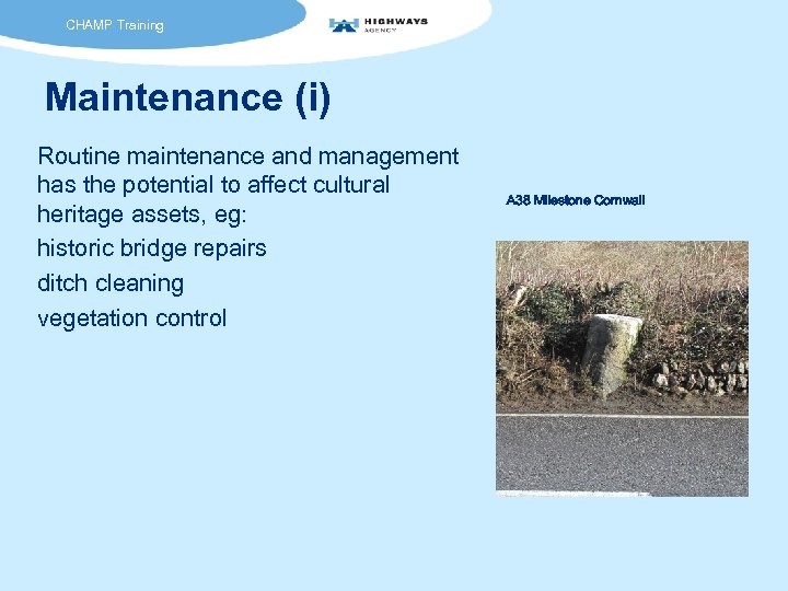 CHAMP Training Maintenance (i) Routine maintenance and management has the potential to affect cultural