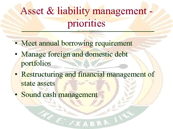 Asset & liability management priorities • Meet annual borrowing requirement • Manage foreign and