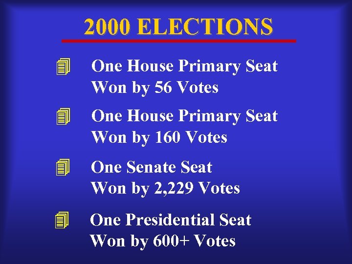 2000 ELECTIONS One House Primary Seat Won by 56 Votes One House Primary Seat