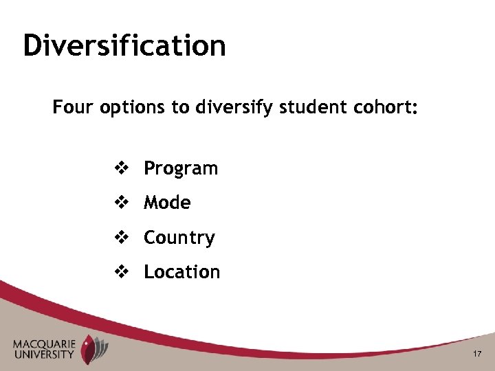 Diversification Four options to diversify student cohort: v Program v Mode v Country v