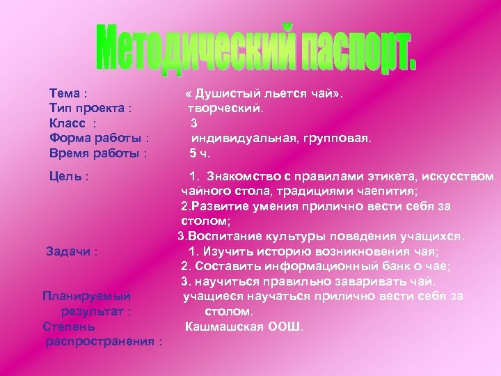 Тема : « Душистый льется чай» . Тип проекта : творческий. Класс : 3