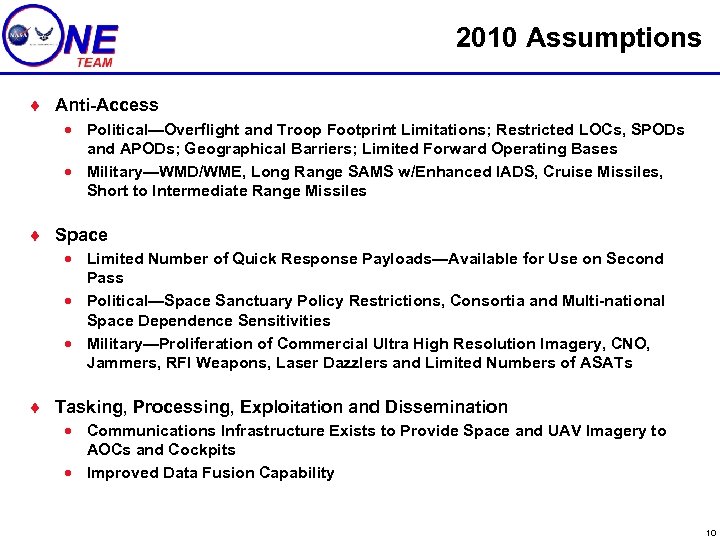 2010 Assumptions ¨ Anti-Access · Political—Overflight and Troop Footprint Limitations; Restricted LOCs, SPODs and