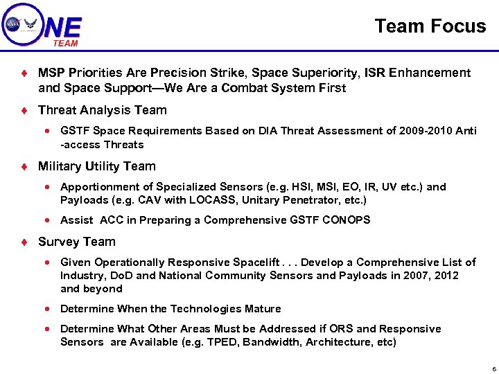 Team Focus ¨ MSP Priorities Are Precision Strike, Space Superiority, ISR Enhancement and Space