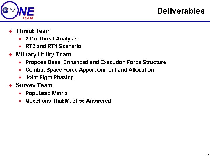 Deliverables ¨ Threat Team · 2010 Threat Analysis · RT 2 and RT 4