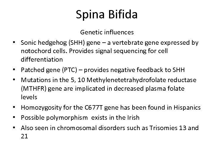Spina Bifida • • • Genetic influences Sonic hedgehog (SHH) gene – a vertebrate