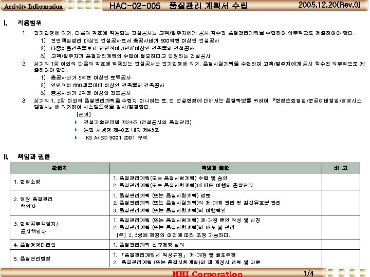 Activity Information I. 품질관리 계획서 수립 2005. 12. 20(Rev. 0) 적용범위 1. 2. 3.