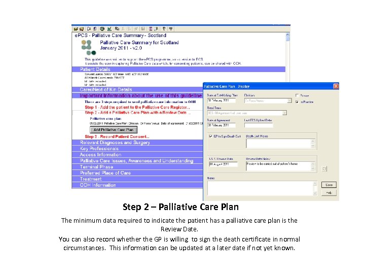 Step 2 – Palliative Care Plan The minimum data required to indicate the patient