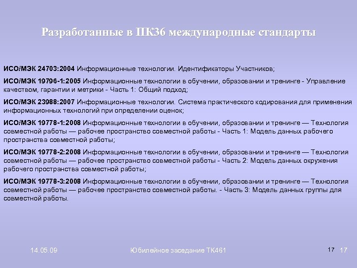 Разработанные в ПК 36 международные стандарты ИСО/МЭК 24703: 2004 Информационные технологии. Идентификаторы Участников; ИСО/МЭК