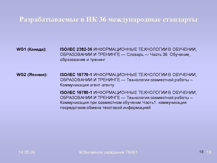 Разрабатываемые в ПК 36 международные стандарты WG 1 (Канада): ISO/IEC 2382 -36 ИНФОРМАЦИОННЫЕ ТЕХНОЛОГИИ