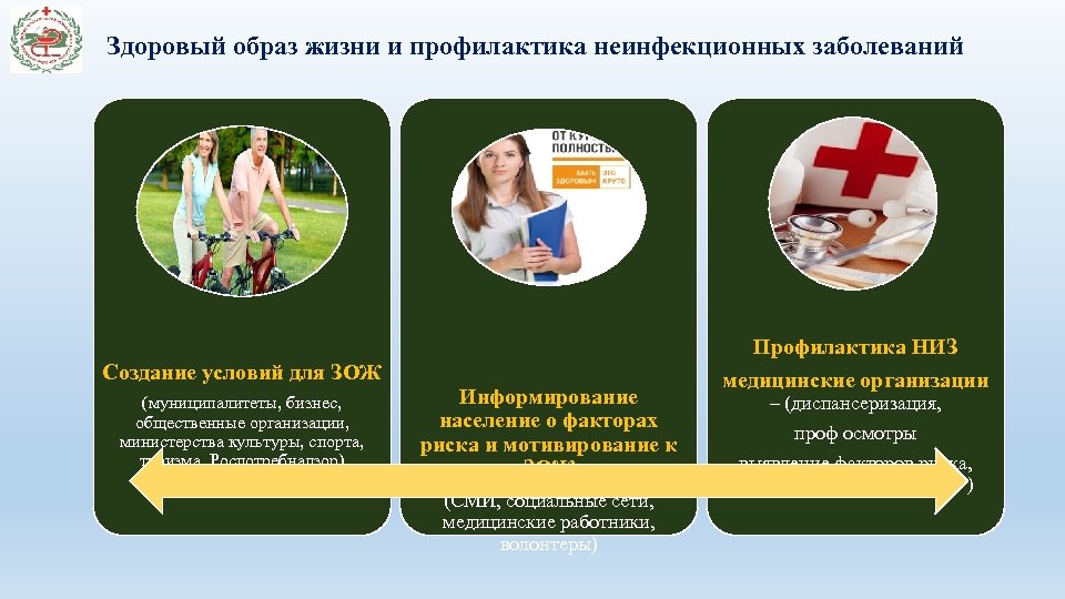 Здоровый образ жизни и профилактика неинфекционных заболеваний Профилактика НИЗ Создание условий для ЗОЖ (муниципалитеты,