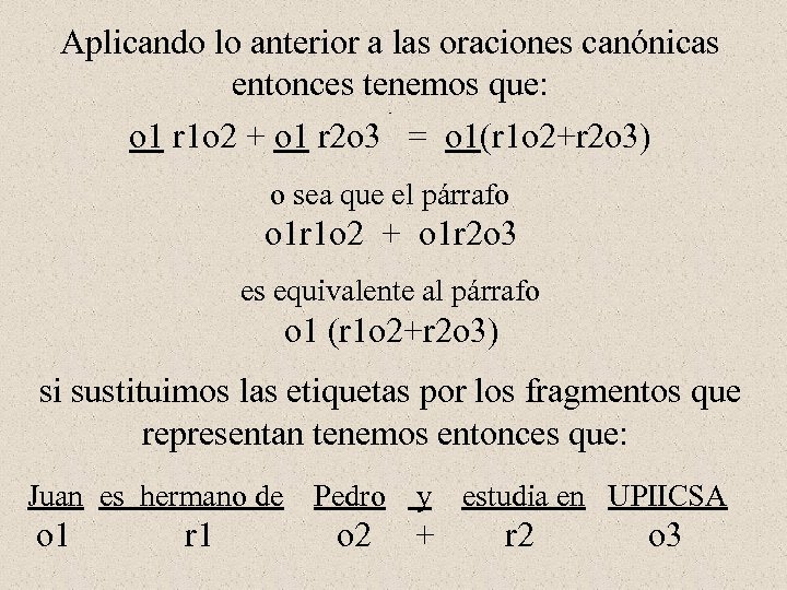 Aplicando lo anterior a las oraciones canónicas entonces tenemos que: o 1 r 1