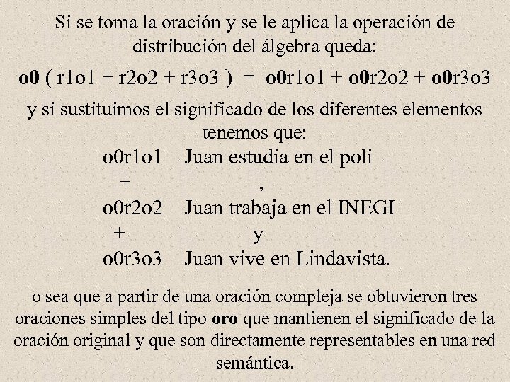 Si se toma la oración y se le aplica la operación de distribución del