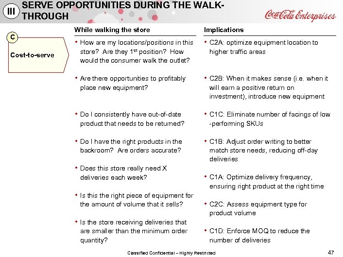 SERVE OPPORTUNITIES DURING THE WALK- III THROUGH C Cost-to-serve While walking the store Implications