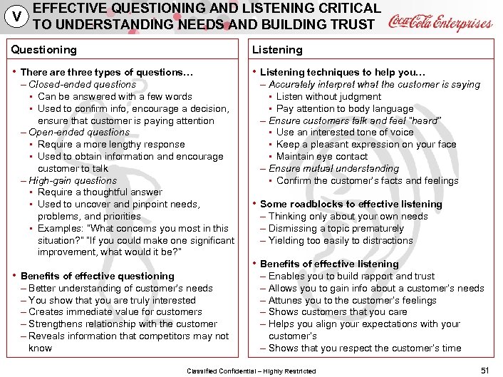 V EFFECTIVE QUESTIONING AND LISTENING CRITICAL TO UNDERSTANDING NEEDS AND BUILDING TRUST Questioning Listening