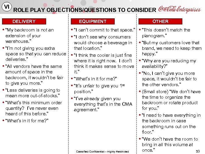 VI ROLE PLAY OBJECTIONS/QUESTIONS TO CONSIDER DELIVERY • “My backroom is not an extension