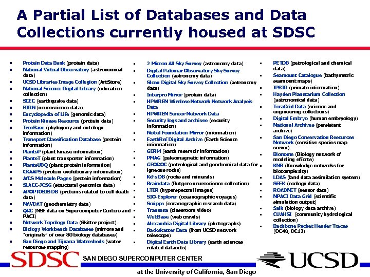 A Partial List of Databases and Data Collections currently housed at SDSC n n