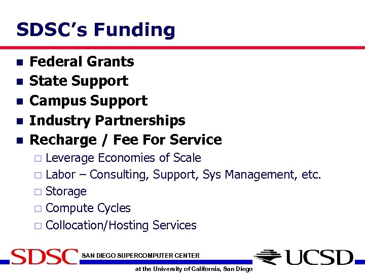 SDSC’s Funding n n n Federal Grants State Support Campus Support Industry Partnerships Recharge