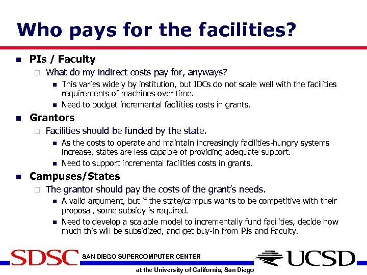 Who pays for the facilities? n PIs / Faculty o What do my indirect