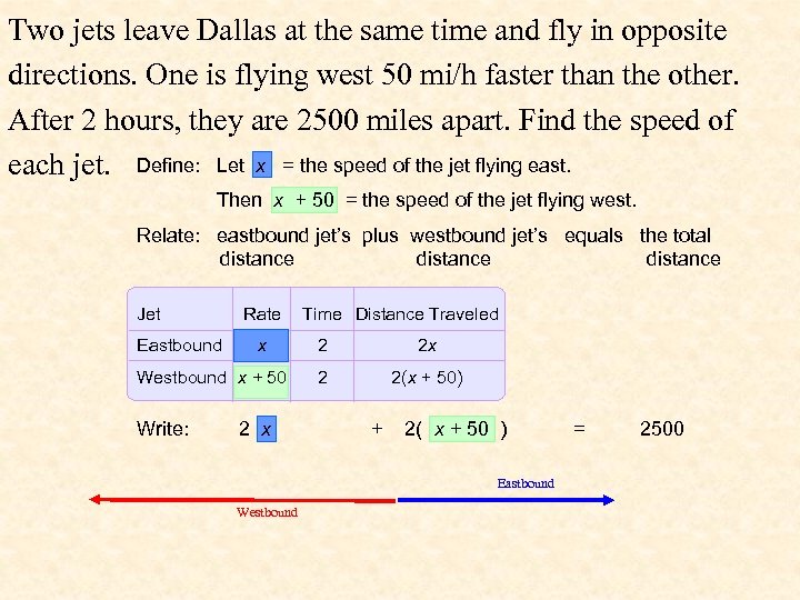 Two jets leave Dallas at the same time and fly in opposite directions. One