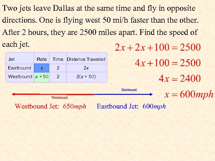 Two jets leave Dallas at the same time and fly in opposite directions. One