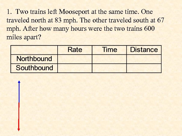 1. Two trains left Mooseport at the same time. One traveled north at 83