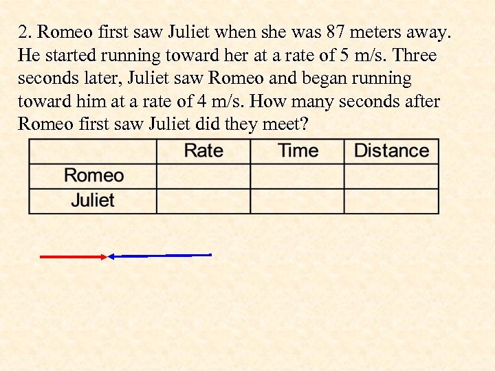 2. Romeo first saw Juliet when she was 87 meters away. He started running