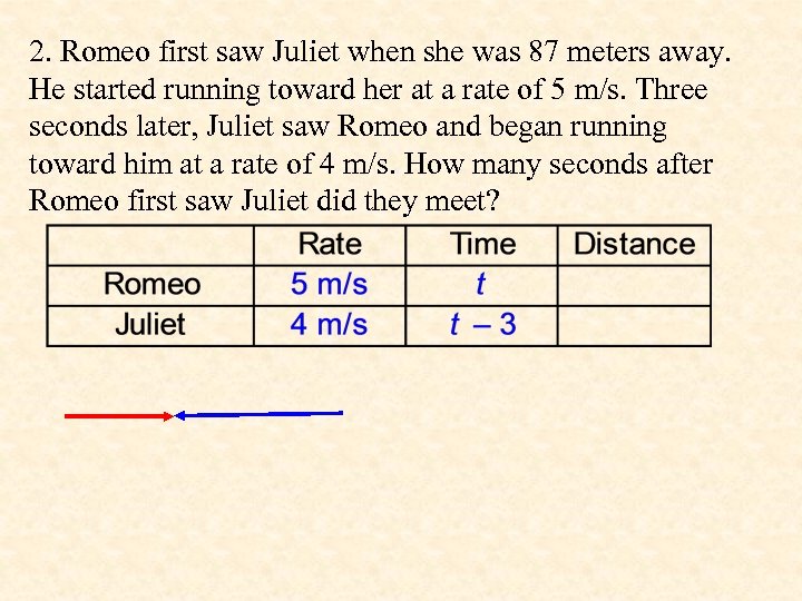 2. Romeo first saw Juliet when she was 87 meters away. He started running