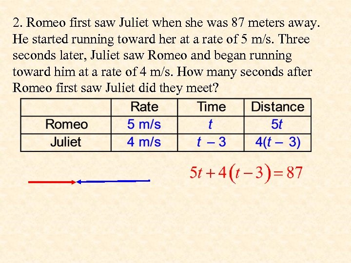 2. Romeo first saw Juliet when she was 87 meters away. He started running
