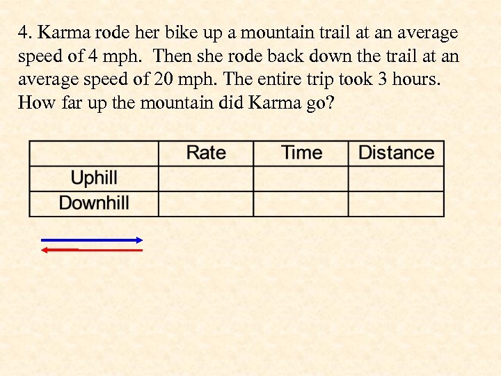4. Karma rode her bike up a mountain trail at an average speed of