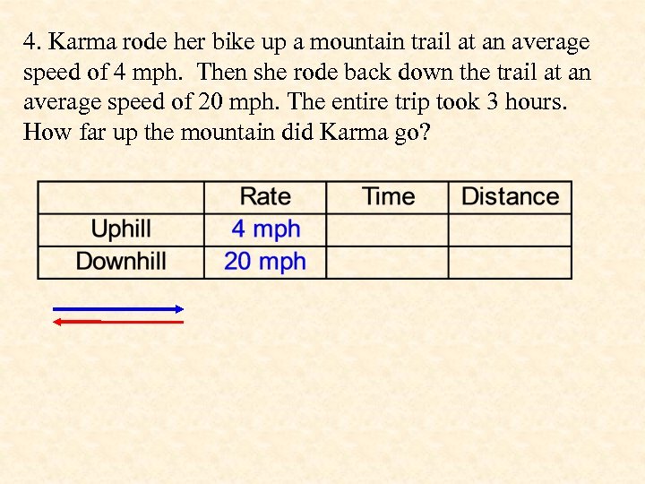 4. Karma rode her bike up a mountain trail at an average speed of