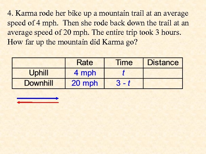 4. Karma rode her bike up a mountain trail at an average speed of