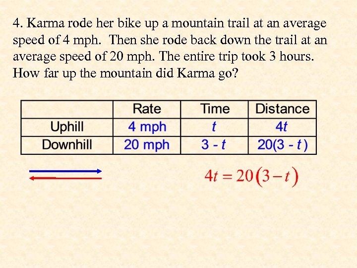 4. Karma rode her bike up a mountain trail at an average speed of