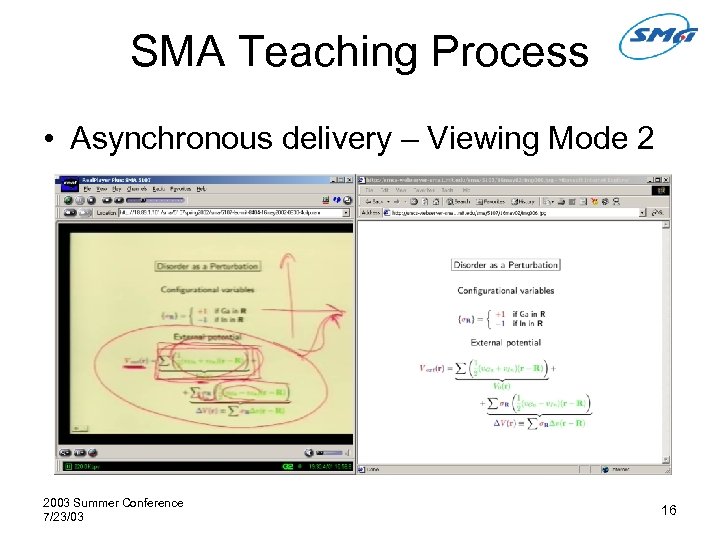 SMA Teaching Process • Asynchronous delivery – Viewing Mode 2 2003 Summer Conference 7/23/03